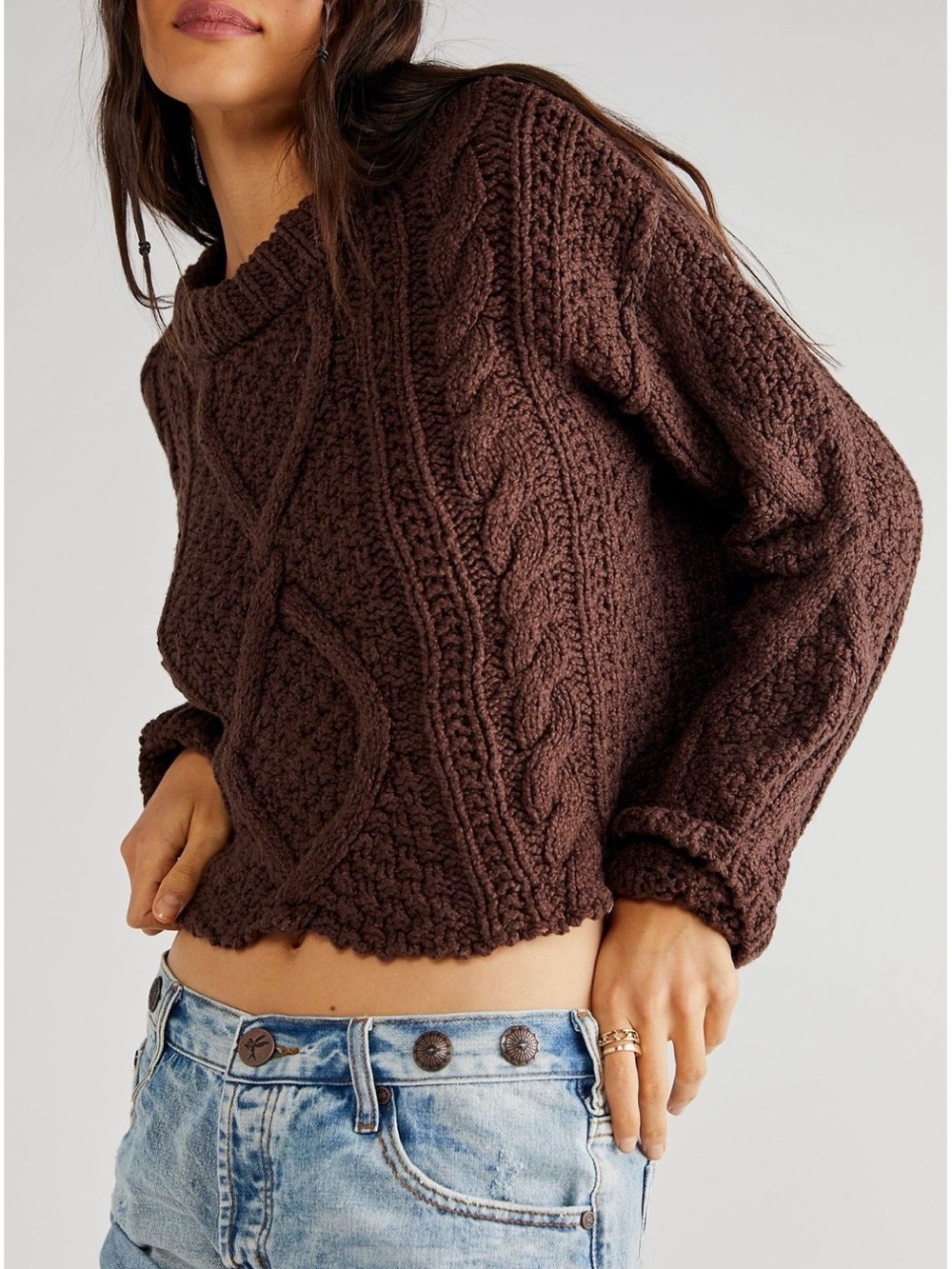 Free People Chocolate Brown Cable Knit Scoop Sweater
